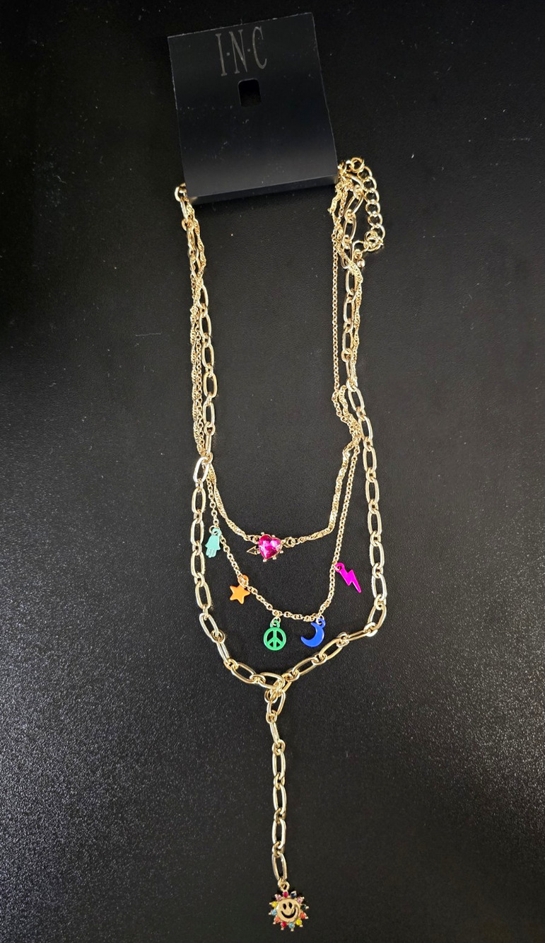 I.N.C. Gold Tone Layered Lariat Charm Necklace Pink Heart Crystal Peace Bolt